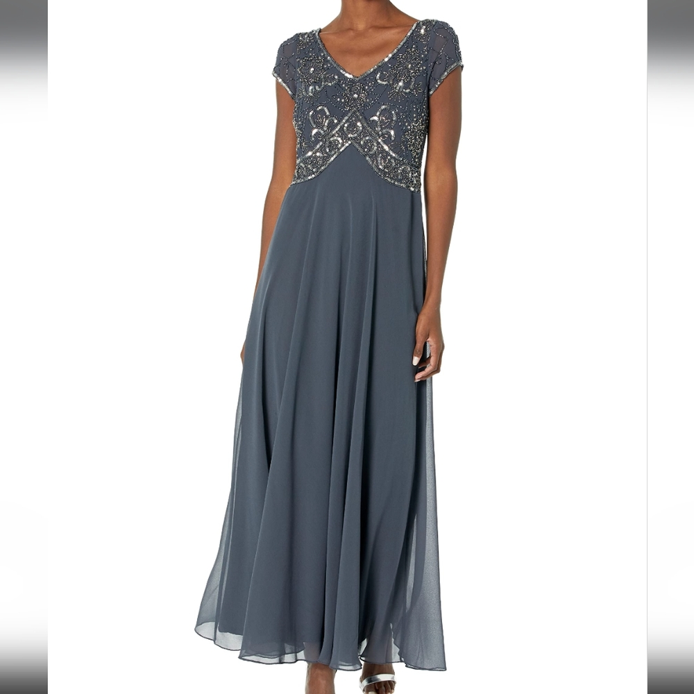 J Kara Formal Dress Women's Cap V-neck Beaded Sequin Gray NWT Size 4